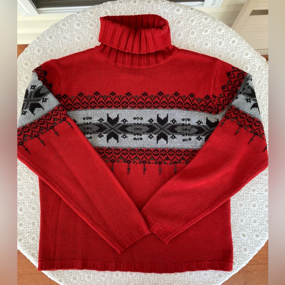 Vintage Dress Barn Turtleneck Sweater w/beads, sequins - Red, Gray, Black - MED